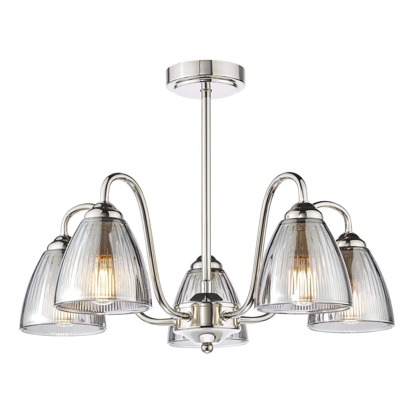 Dar Lighting Glynis 5 Light Polished Nickel & Smoked Ribbed Glass Semi Flush