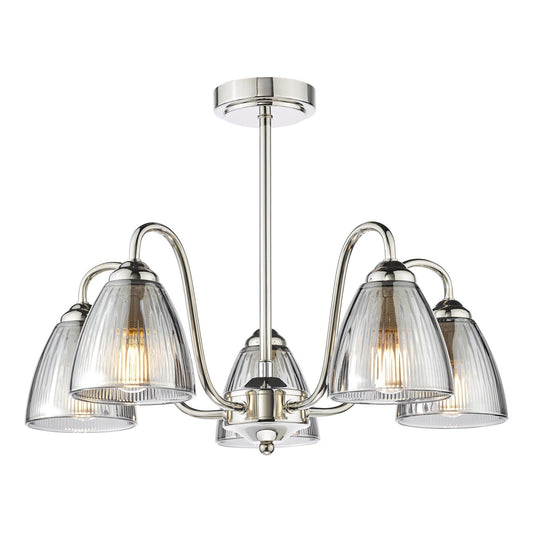 Dar Lighting Glynis 5 Light Polished Nickel & Smoked Ribbed Glass Semi Flush