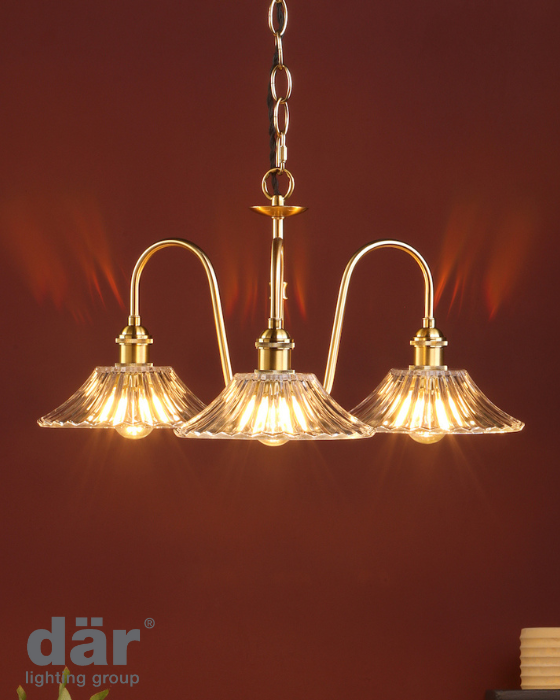 Dar Lighting Hadano 3 Light Natural Brass & Glass Pendant