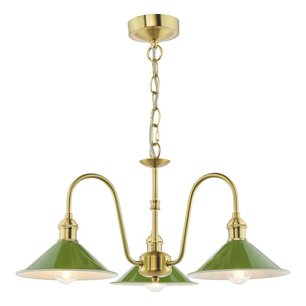 Dar Lighting Hadano 3 Light Natural Brass & Matt Green Pendant