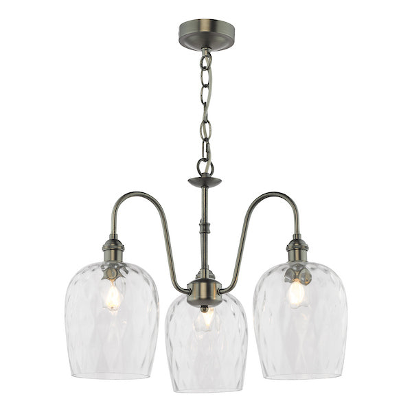 Dar Lighting Hadano 3 Light Antique Chrome & Glass Pendant