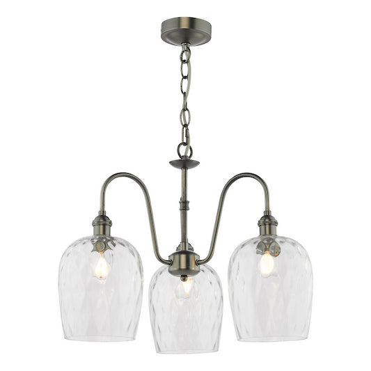 Dar Lighting Hadano 3 Light Antique Chrome & Glass Pendant