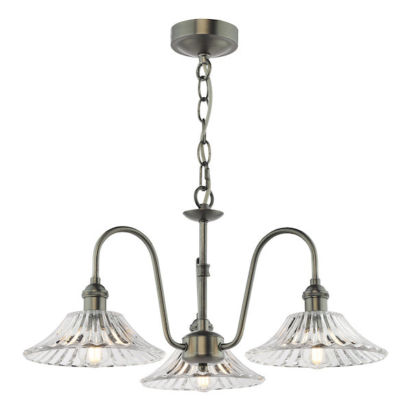 Dar Lighting Hadano 3 Light Antique Chrome & Glass Pendant