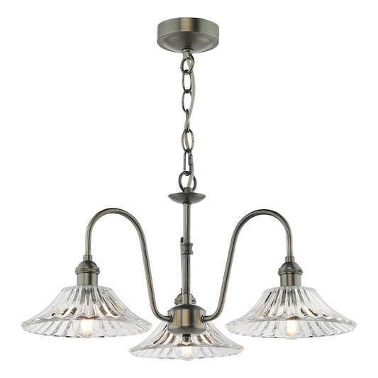 Dar Lighting Hadano 3 Light Antique Chrome & Glass Pendant
