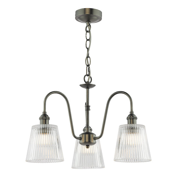 Dar Lighting Hadano 3 Light Antique Chrome & Ribbed Glass Pendant