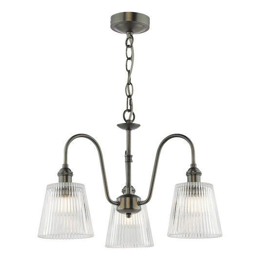 Dar Lighting Hadano 3 Light Antique Chrome & Ribbed Glass Pendant