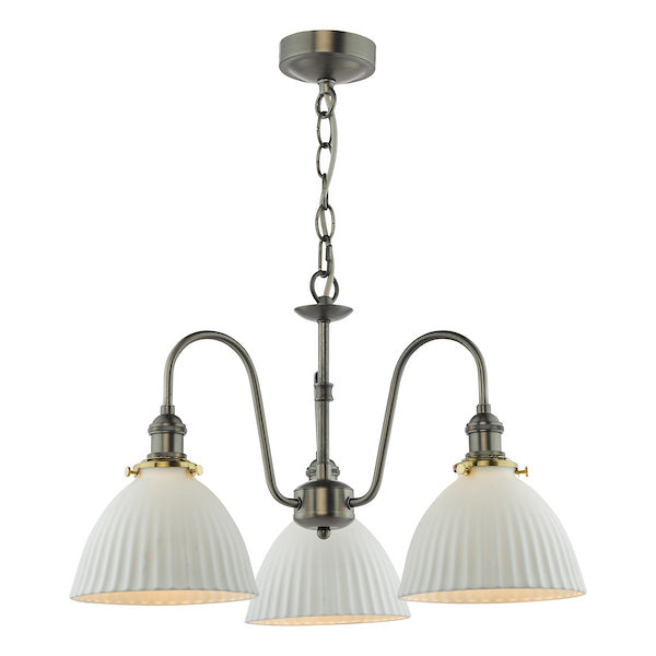 Dar Lighting Hadano 3 Light Antique Chrome & White Ceramic Pendant