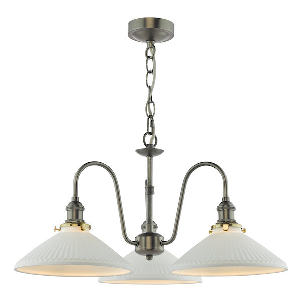 Dar Lighting Hadano 3 Light Antique Chrome & White Ceramic Pendant