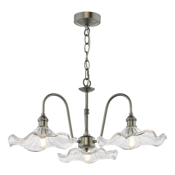 Dar Lighting Hadano 3 Light Antique Chrome & Glass Pendant
