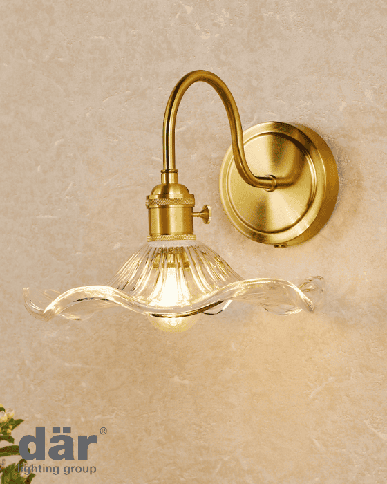 Dar Lighting Hadano Natural Brass & Wavy Glass Wall Light