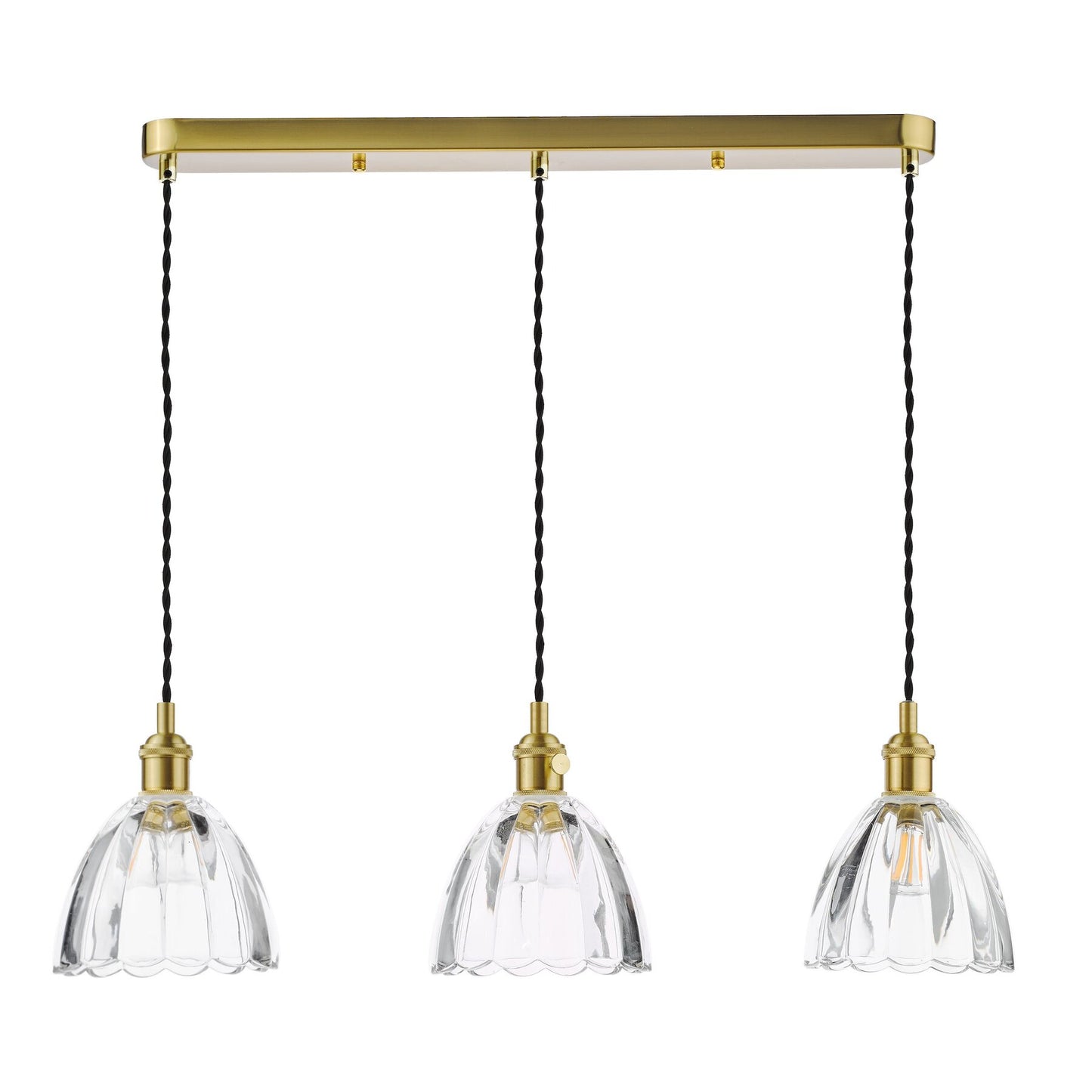 Dar Lighting Hadano 3 Light Natural Brass & Scalloped Bell Glass Bar Pendant