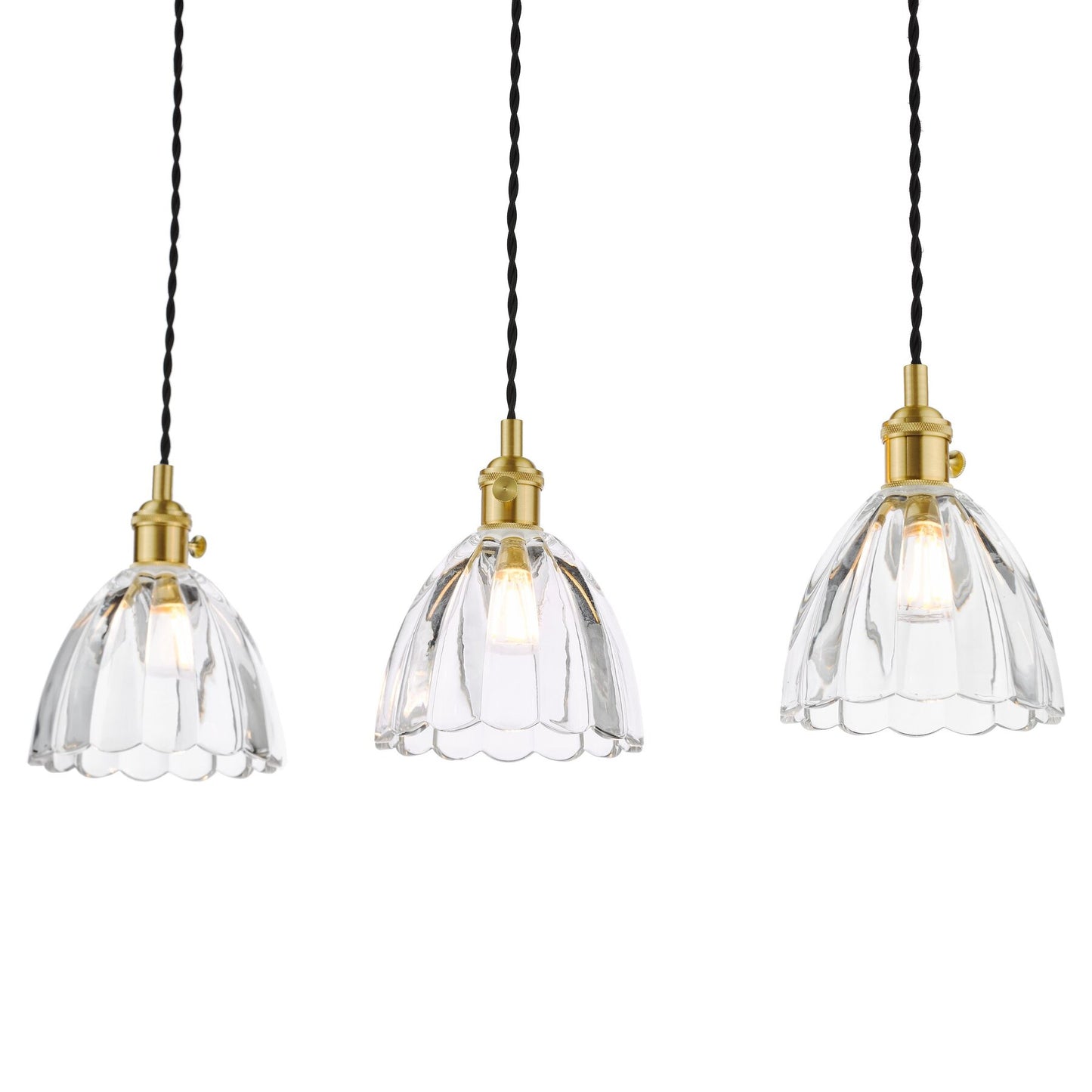 Dar Lighting Hadano 3 Light Natural Brass & Scalloped Bell Glass Bar Pendant