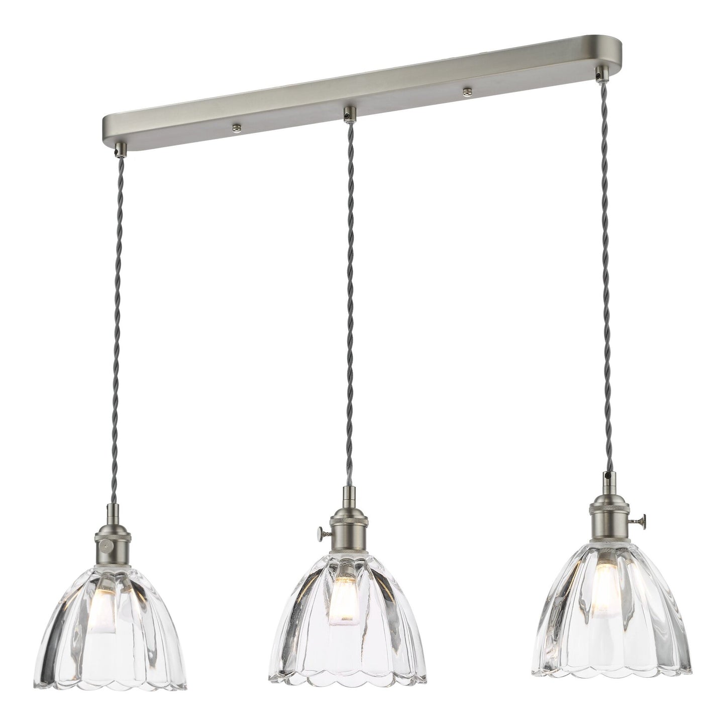 Dar Lighting Hadano 3 Light Antique Chrome & Scalloped Bell Glass Bar Pendant