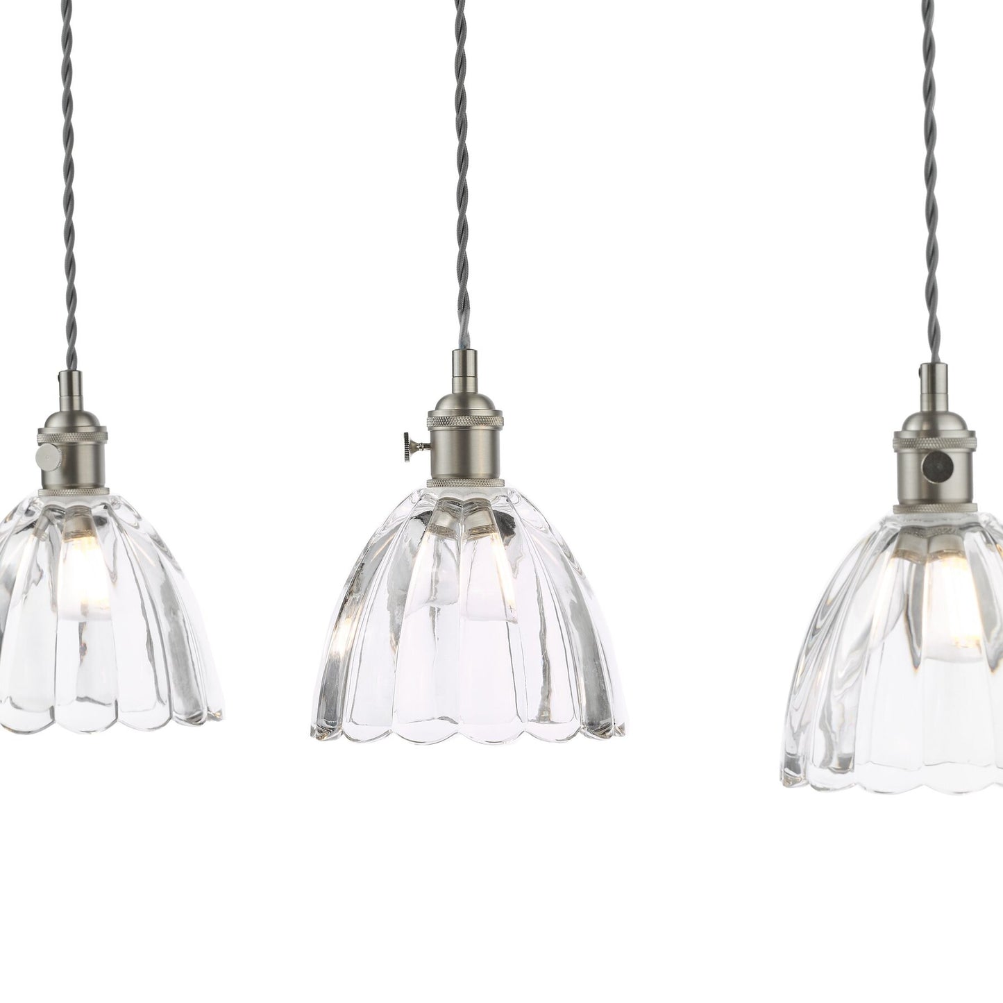 Dar Lighting Hadano 3 Light Antique Chrome & Scalloped Bell Glass Bar Pendant