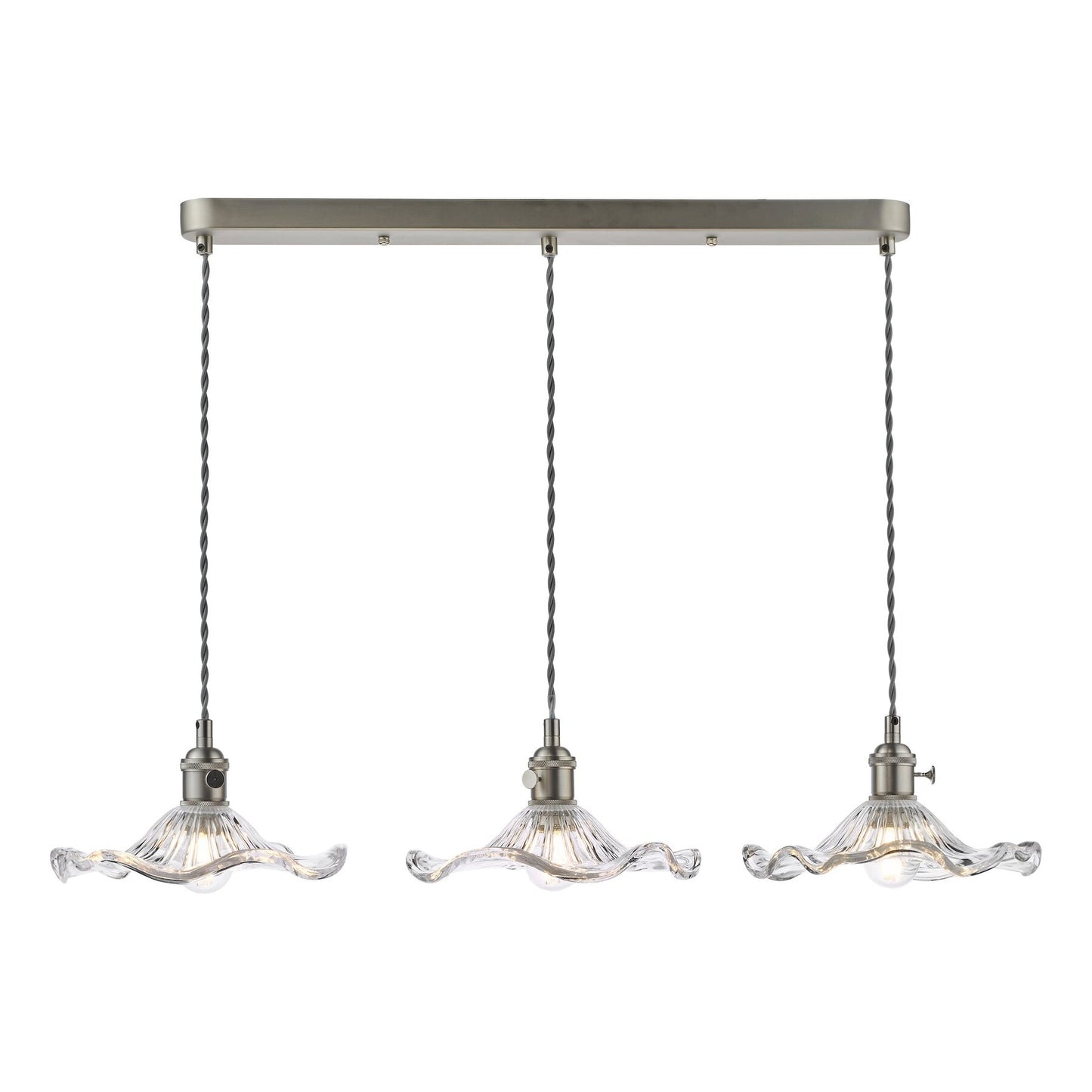 Dar Lighting Hadano 3 Light Antique Chrome & Wavy Glass Bar Pendant