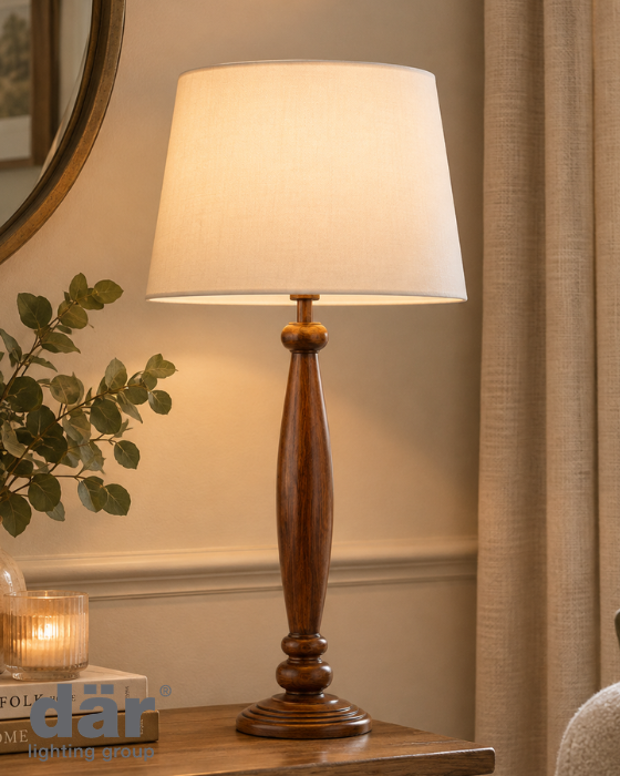 Dar Lighting Hayward Wood Effect & Antique Brass Table Lamp With Taupe Shade