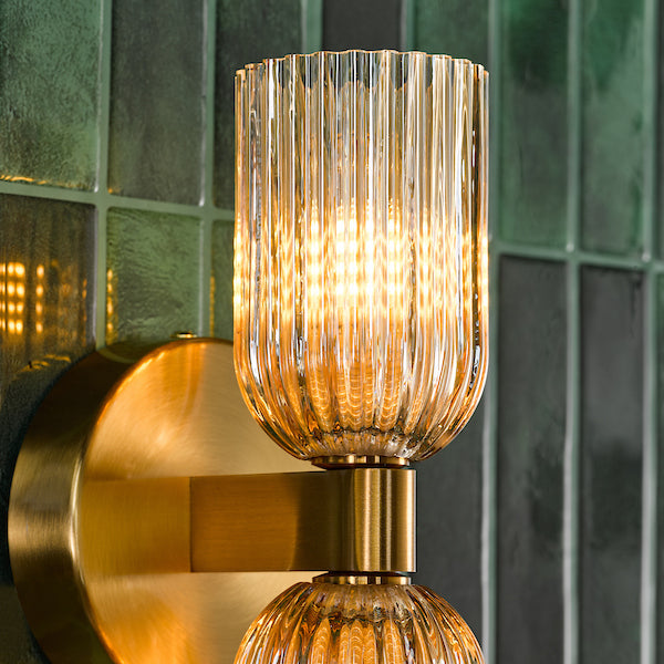 Hilaria 2 Light Bathroom IP44 Antique Gold & Amber Ribbed Glass Wall Light