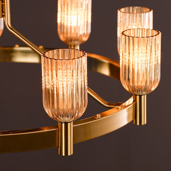 Dar Lighting Hilaria 9 Light Antique Gold & Amber Ribbed Glass Pendant