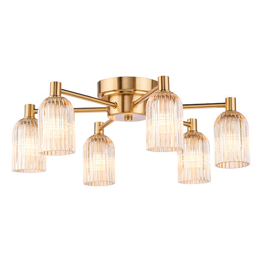 Dar Lighting Hilaria 6 Light Antique Gold & Amber Ribbed Glass Flush