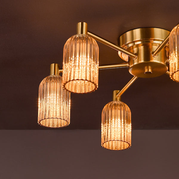 Dar Lighting Hilaria 6 Light Antique Gold & Amber Ribbed Glass Flush