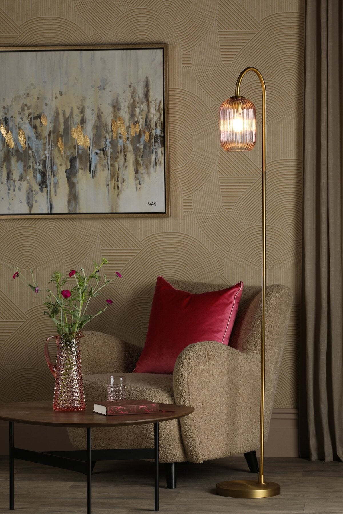 Dar Lighting Idra Aged Bronze Floor Lamp with Pink Ribbed Glass Shade