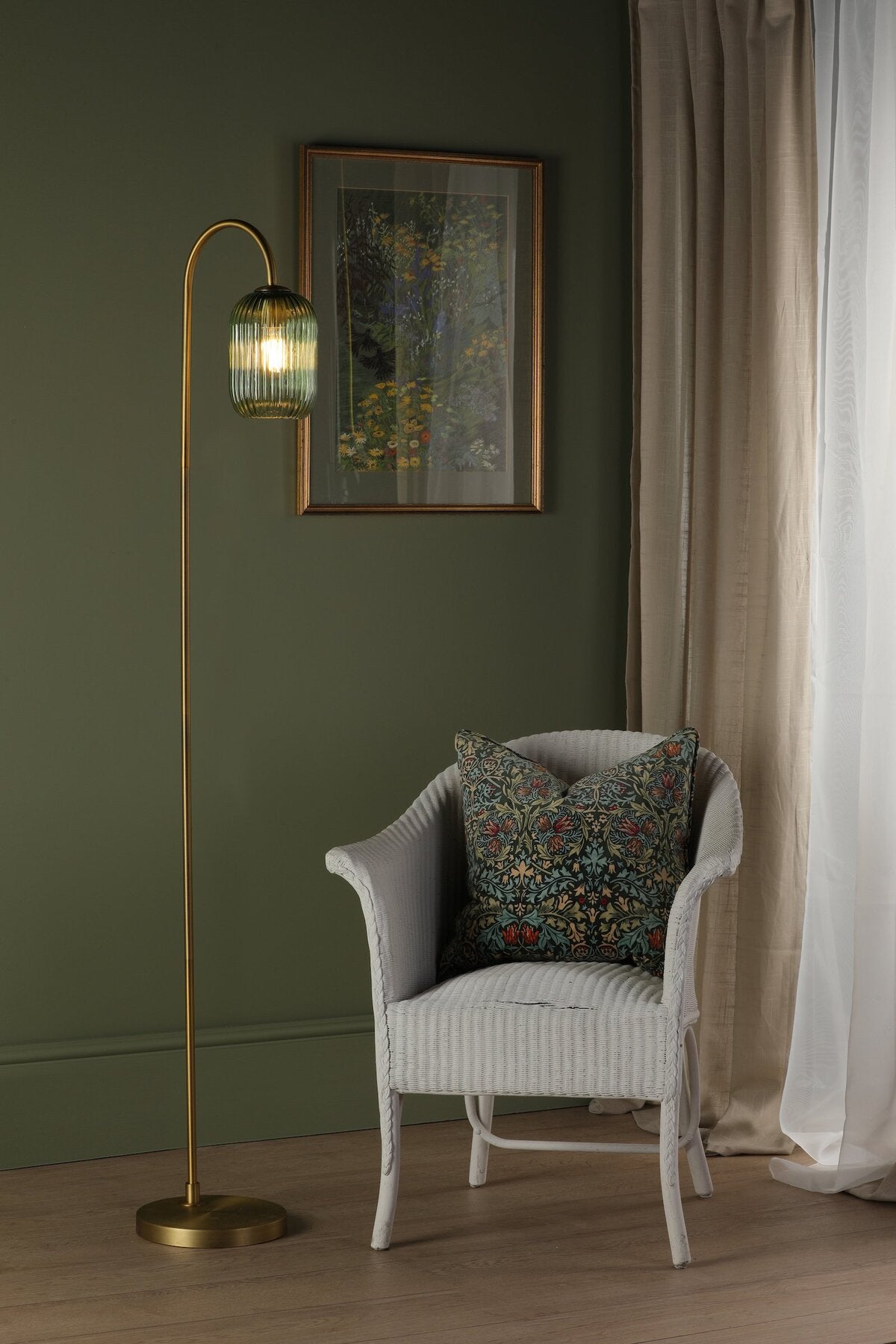Dar Lighting Idra Aged Bronze Floor Lamp with Green Ribbed Glass Shade