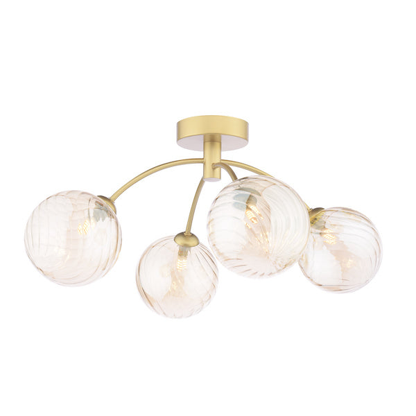 Dar Lighting Izzy 4 Light Matt Gold Semi Flush With Twisted Amber Glass