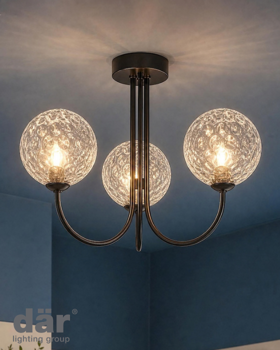 Dar Lighting Jared 3 Light Matt Black Semi Flush With Clear Hammered Glass