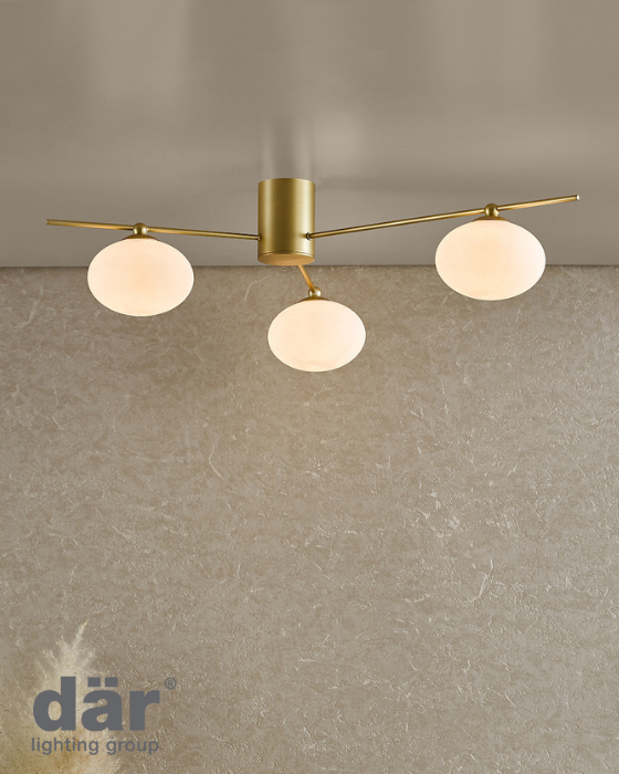 Dar Lighting Jasper 3 Light Satin Gold & Opal Glass Semi Flush