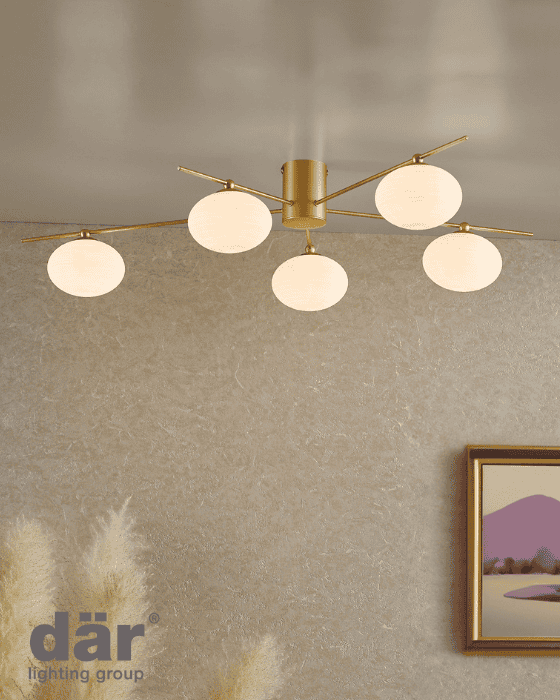 Dar Lighting Jasper 5 Light Satin Gold & Opal Glass Semi Flush