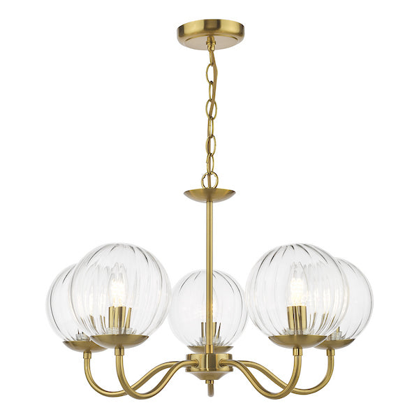 Dar Lighting Jocelyn 5 Light Natural Brass & Glass Armed Pendant