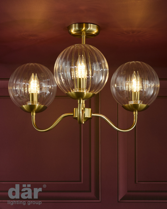Dar Lighting Jocelyn 3 Light Natural Brass & Glass Semi Flush