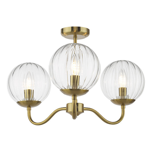 Dar Lighting Jocelyn 3 Light Natural Brass & Glass Semi Flush