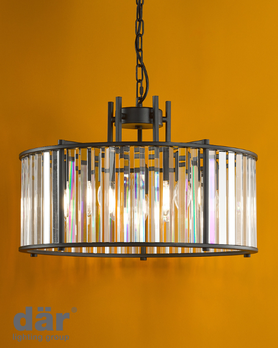Dar Lighting Kiran 5 Light Satin Black & Crystal Pendant