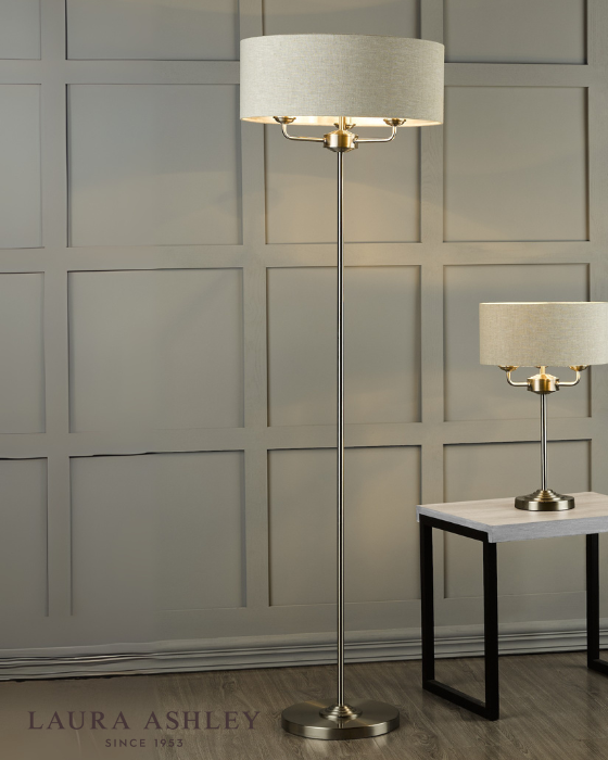 Laura Ashley Sorrento 3 Light Floor Lamp Satin Nickel With Natural Shade