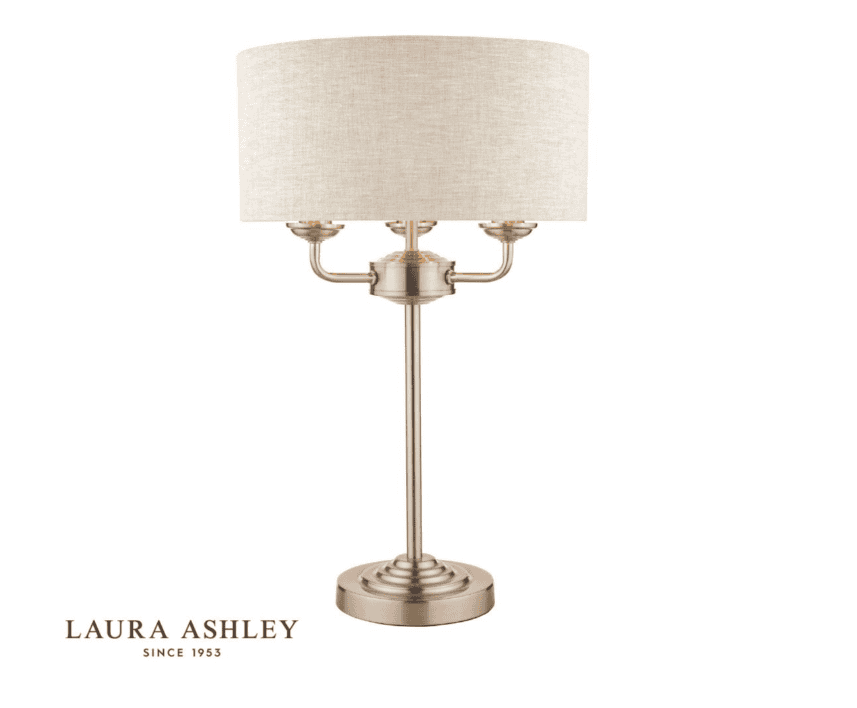 Laura Ashley Sorrento 3 Light Table Lamp Satin Nickel With Natural Shade