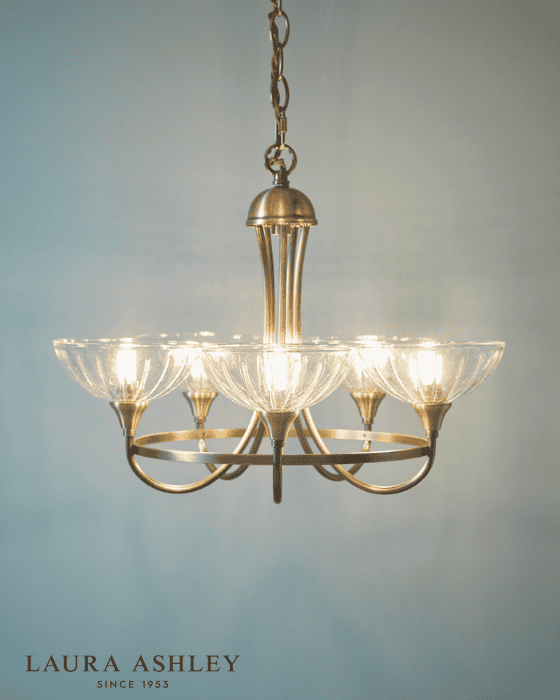 Laura Ashley Wellham 5 Light Antique Brass & Glass Armed Chandelier