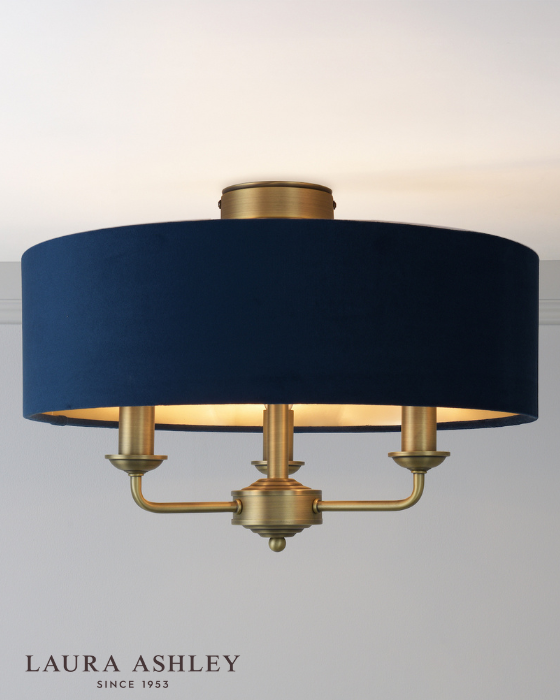 Laura Ashley Sorrento 3 Light Matt Antique Brass Semi Flush With Blue Shade