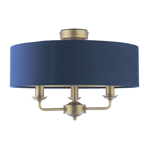 Laura Ashley Sorrento 3 Light Matt Antique Brass Semi Flush With Blue Shade