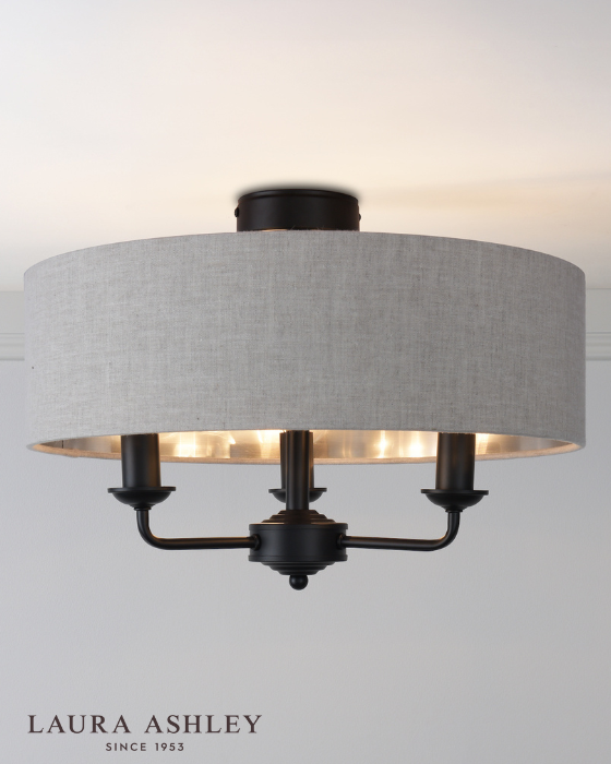Laura Ashley Sorrento 3 Light Matt Black Semi Flush With Natural Shade