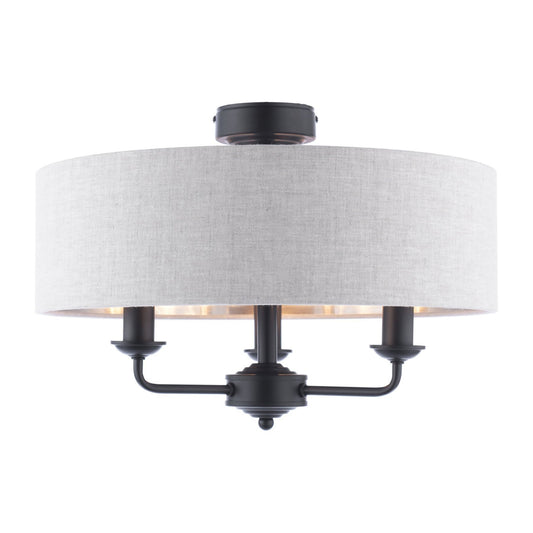 Laura Ashley Sorrento 3 Light Matt Black Semi Flush With Natural Shade
