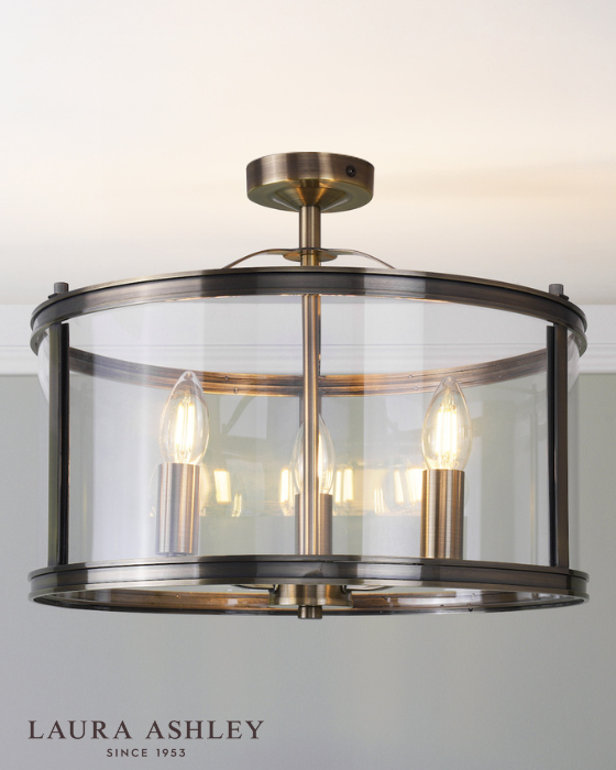 Laura Ashley Harrington 3 Light Antique Brass & Glass Semi Flush
