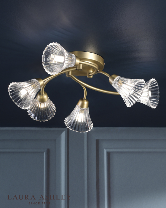 Laura Ashley Lanton 6 Light Matt Antique Brass & Ribbed Glass Semi Flush