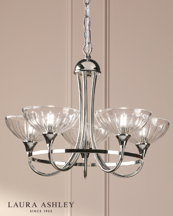 Laura Ashley Wellham 5 Light Polished Nickel & Ribbed Glass Armed Chandelier