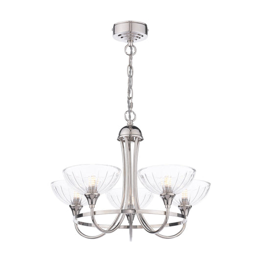 Laura Ashley Wellham 5 Light Polished Nickel & Ribbed Glass Armed Chandelier