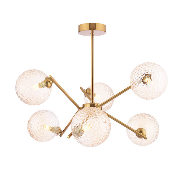 Dar Lighting Naron 6 Light Antique Bronze Semi Flush With Amber Hammered Glass