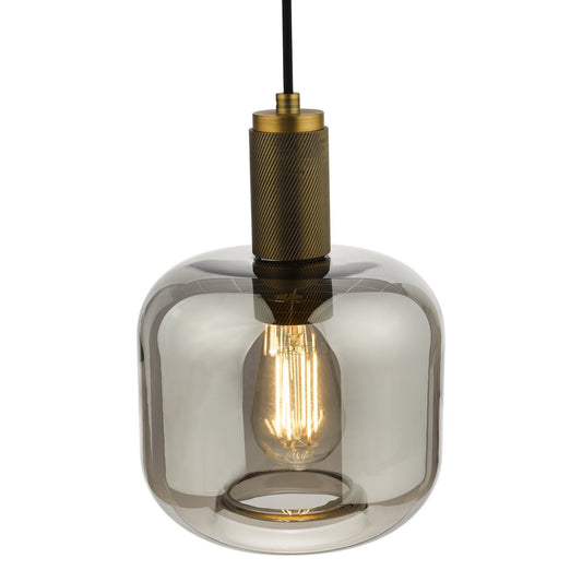 Dar Lighting Nikolas Natural Solid Brass & Smoked Glass Pendant