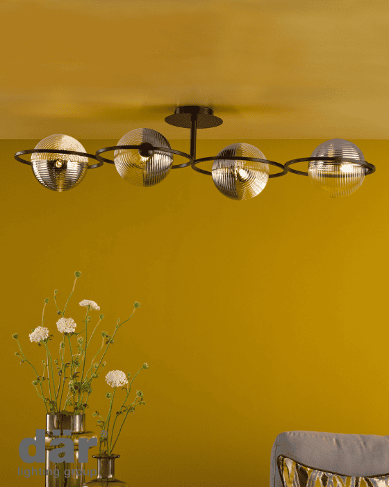 Dar Lighting Olympus 4 Light Matt Black & Smoked/Clear Ribbed Glass Semi Flush