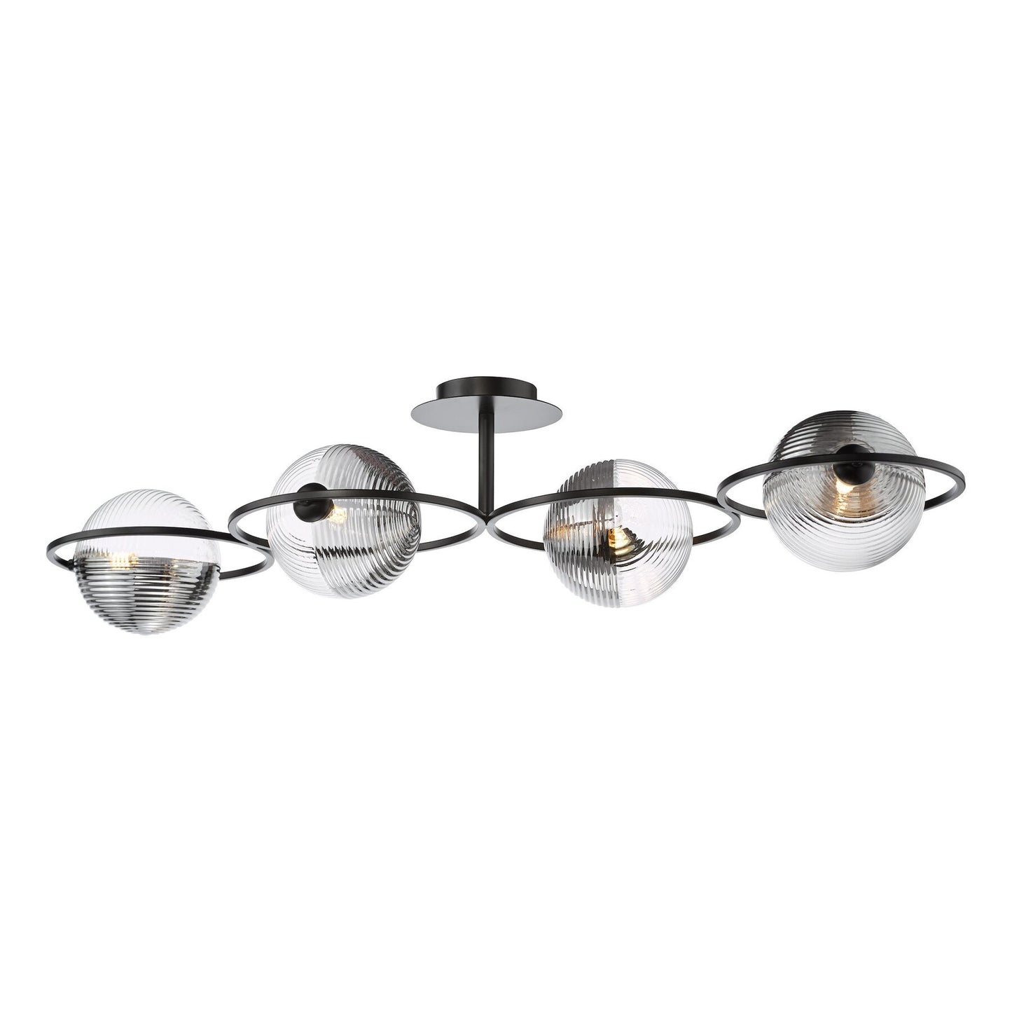 Dar Lighting Olympus 4 Light Matt Black & Smoked/Clear Ribbed Glass Semi Flush