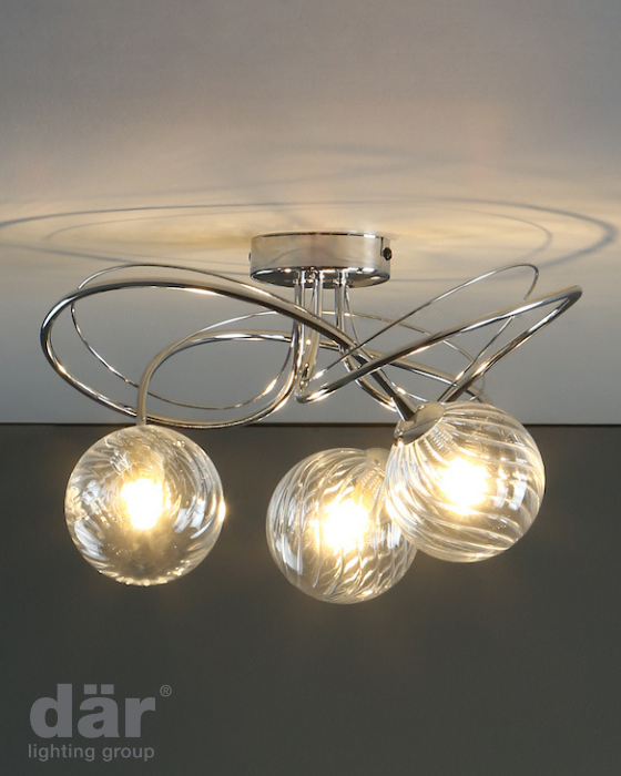 Dar Lighting Onawa 3 Light Polished Chrome Semi Flush With Twisted Closed Glass